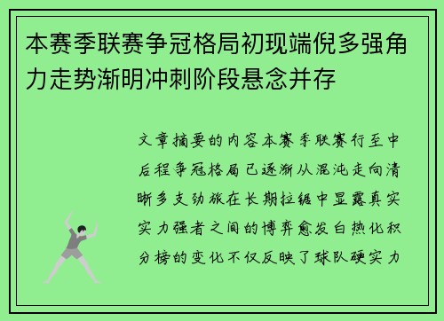 本赛季联赛争冠格局初现端倪多强角力走势渐明冲刺阶段悬念并存